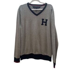 Tommy Hilfiger Gray V-Neck Varsity Letter Sweater Preppy Classic Collegiate SZ L